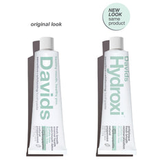 Close-up of Davids Hydroxi fluoride-free toothpaste bottle