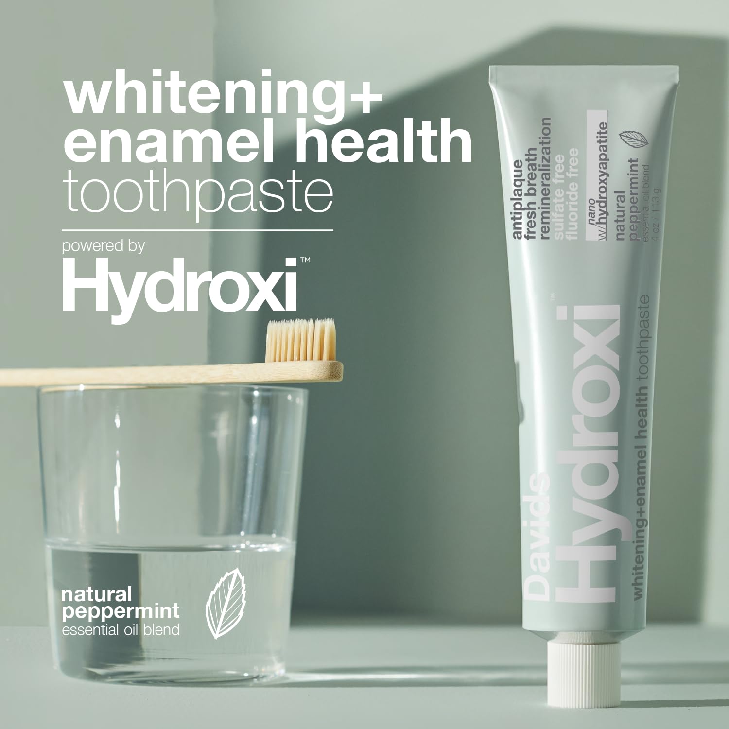Close-up of Hydroxi toothpaste highlighting whitening and enamel health