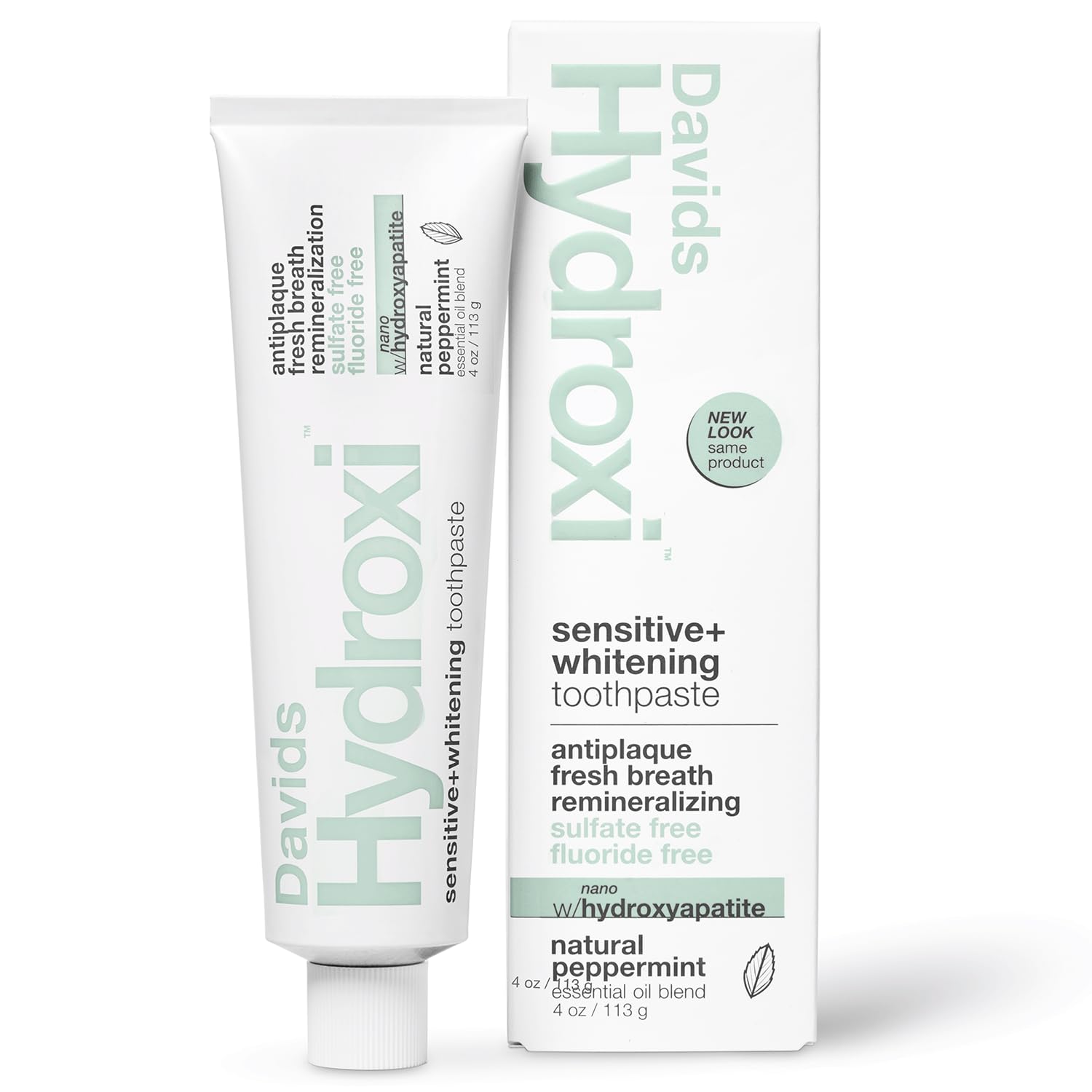 Front view of Davids Hydroxi toothpaste tube on white background