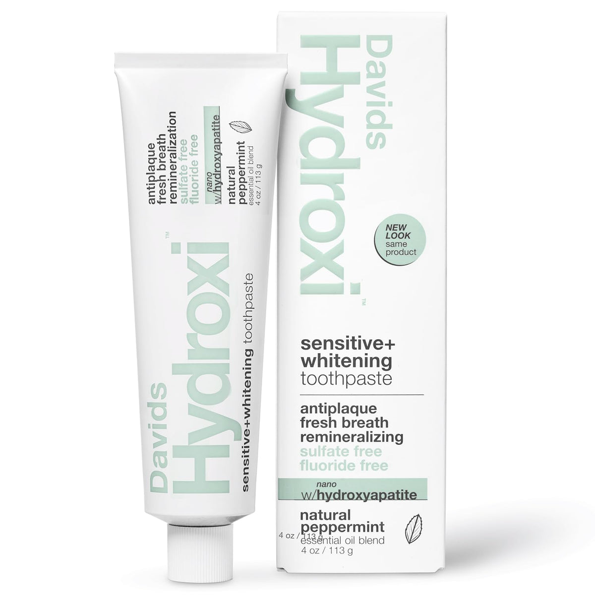 Front view of Davids Hydroxi toothpaste tube on white background