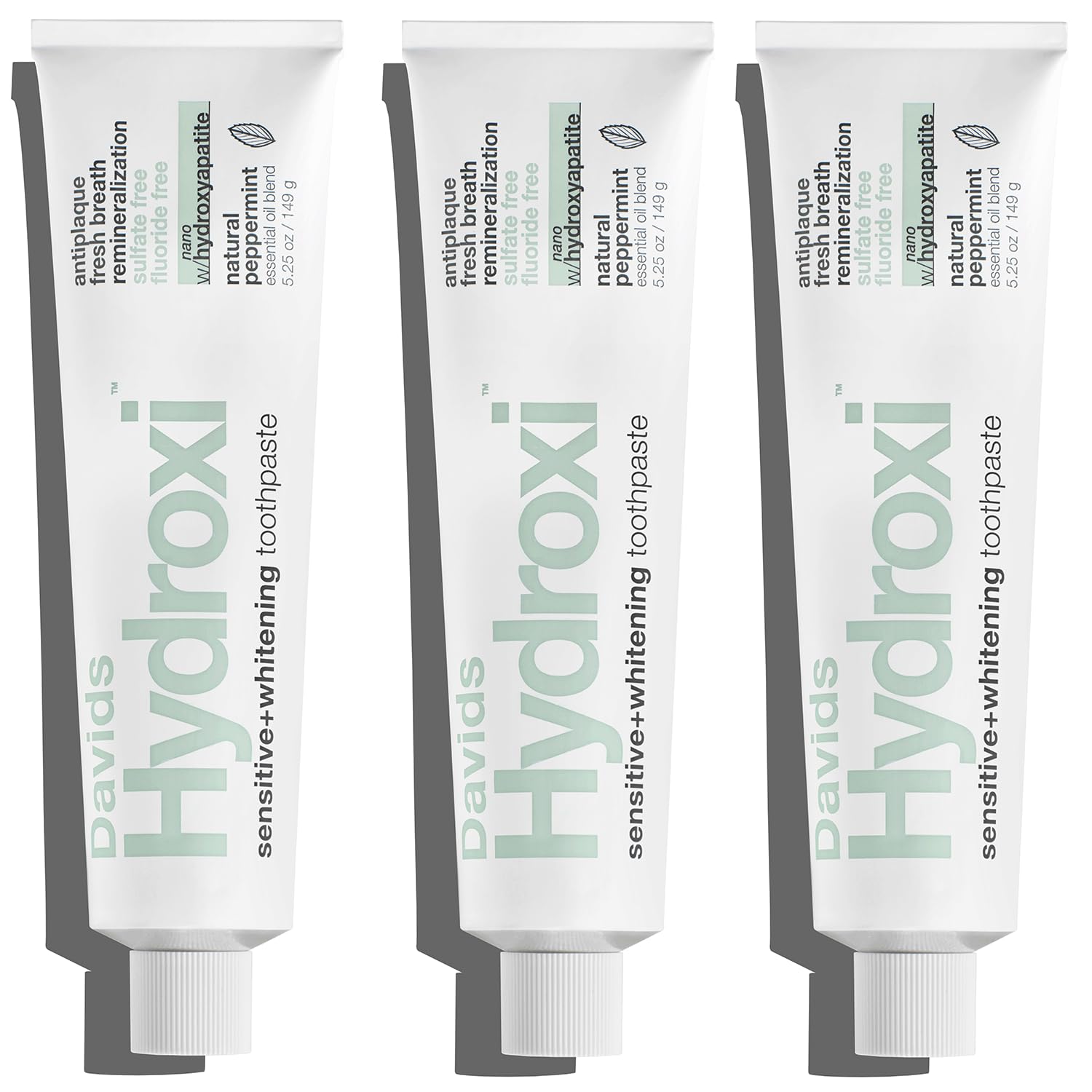 Front view of Davids Hydroxi fluoride-free nano hydroxyapatite toothpaste tube