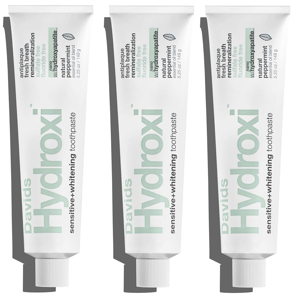 Front view of Davids Hydroxi fluoride-free nano hydroxyapatite toothpaste tube