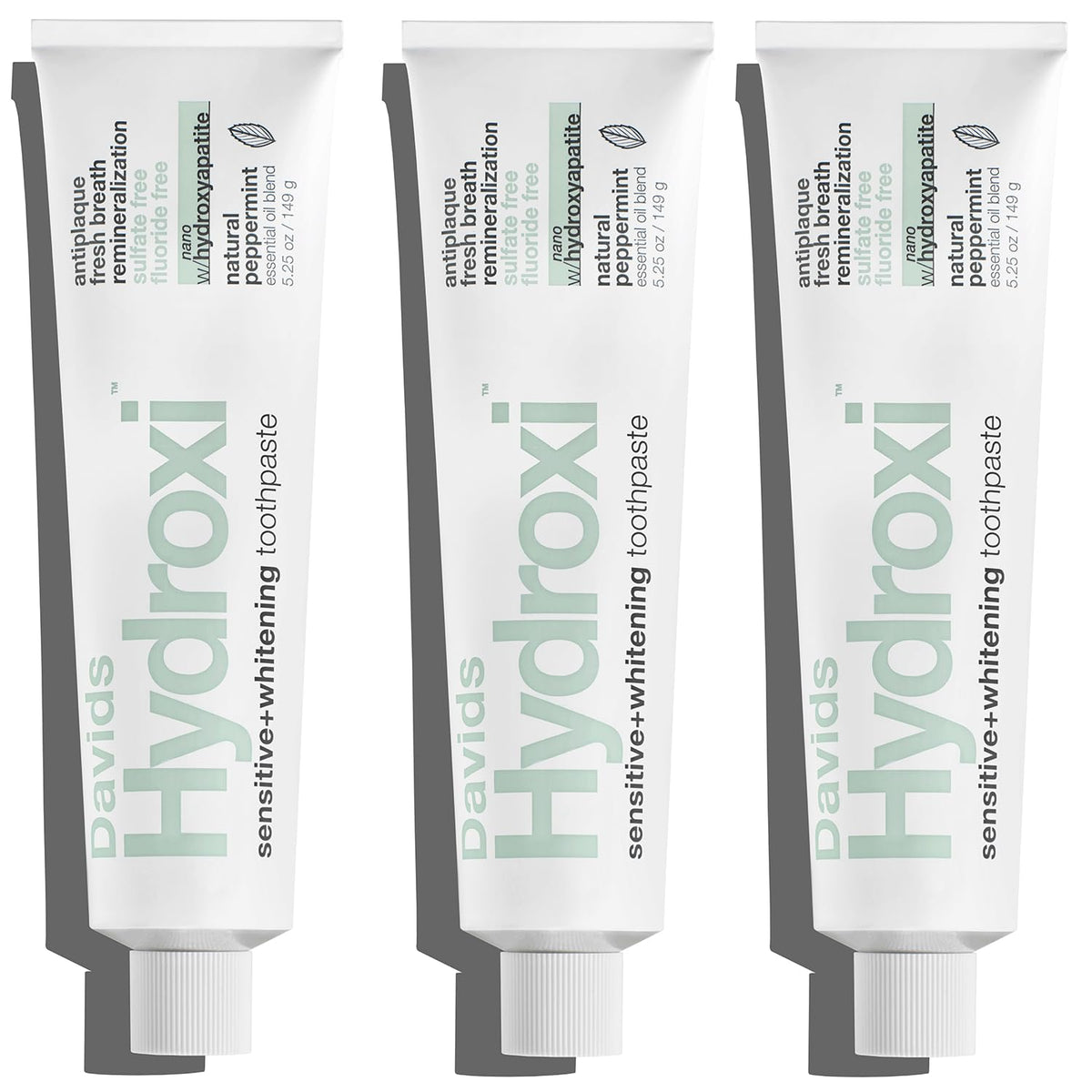 Front view of Davids Hydroxi fluoride-free nano hydroxyapatite toothpaste tube