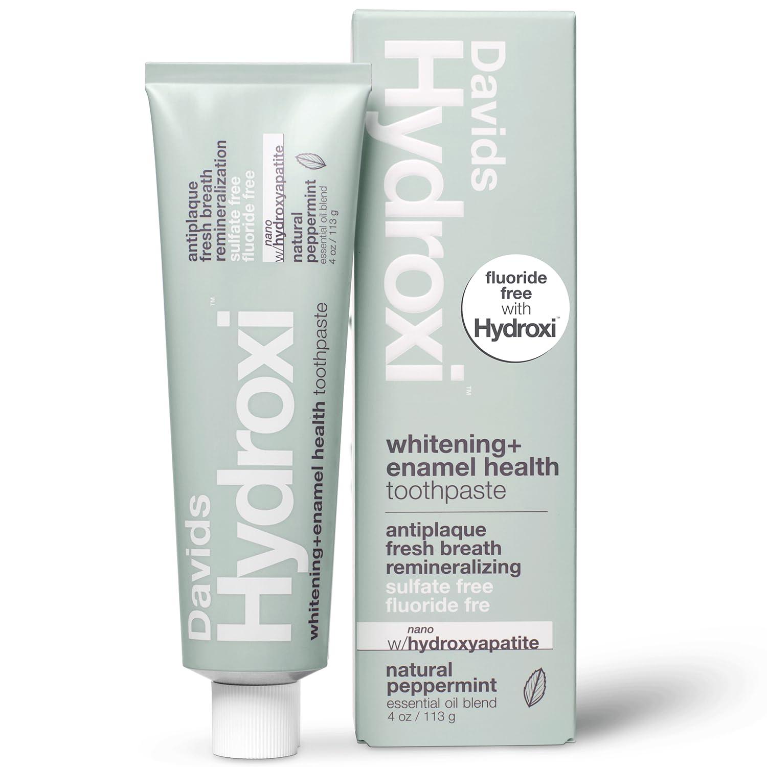 Davids Hydroxi toothpaste hero image with mint and tube