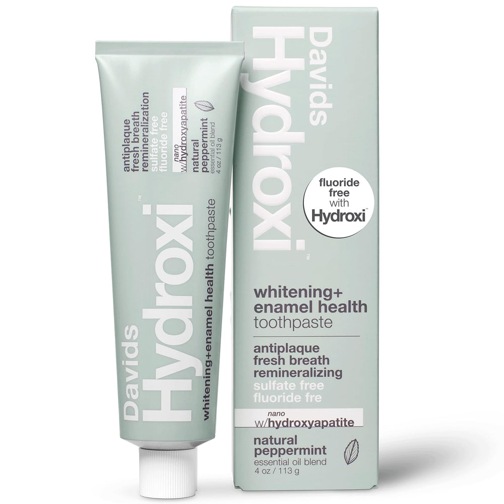 Davids Hydroxi toothpaste hero image with mint and tube