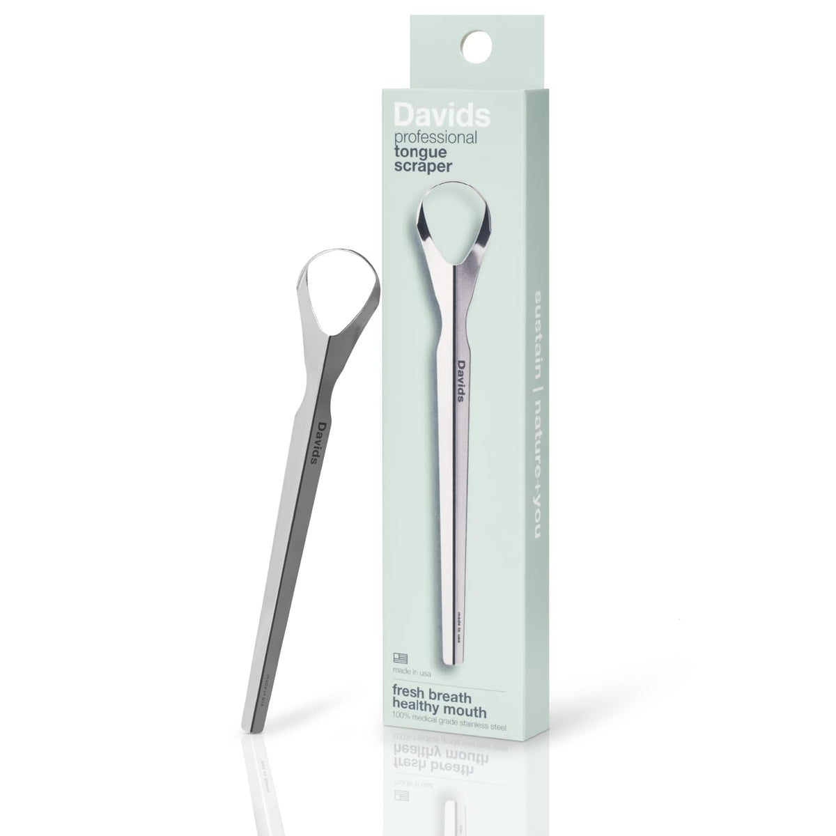 Close-up of Davids Tongue Scraper in medical-grade stainless steel with a smooth rounded edge