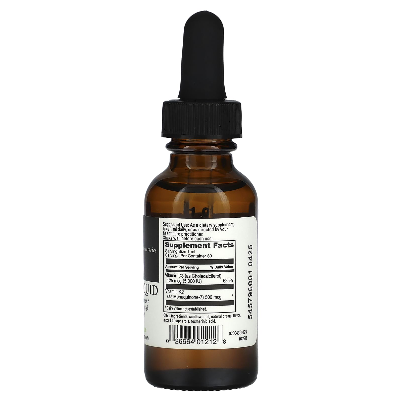 Ingredients showing vitamin D3 (5,000 IU) and MK-7 vitamin K2 in DaVinci D3/K2 Liquid