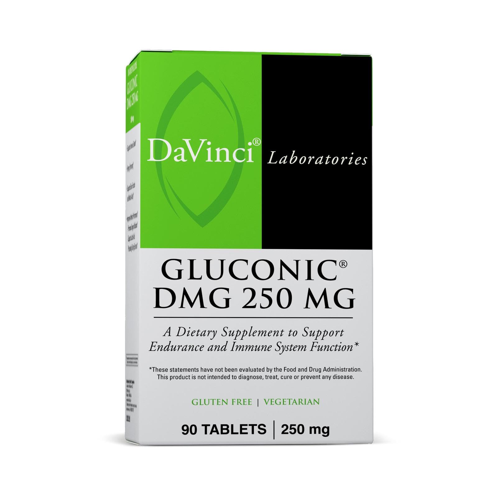 Close-up of the Davinci Gluconic DMG bottle label showing 90 servings