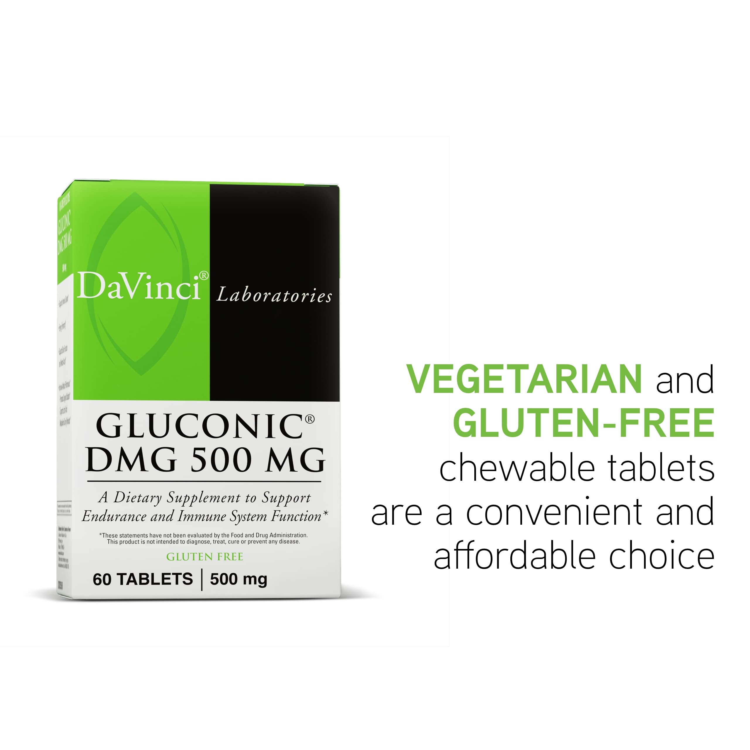 Vegetarian and gluten-free icons on DaVinci Gluconic DMG packaging