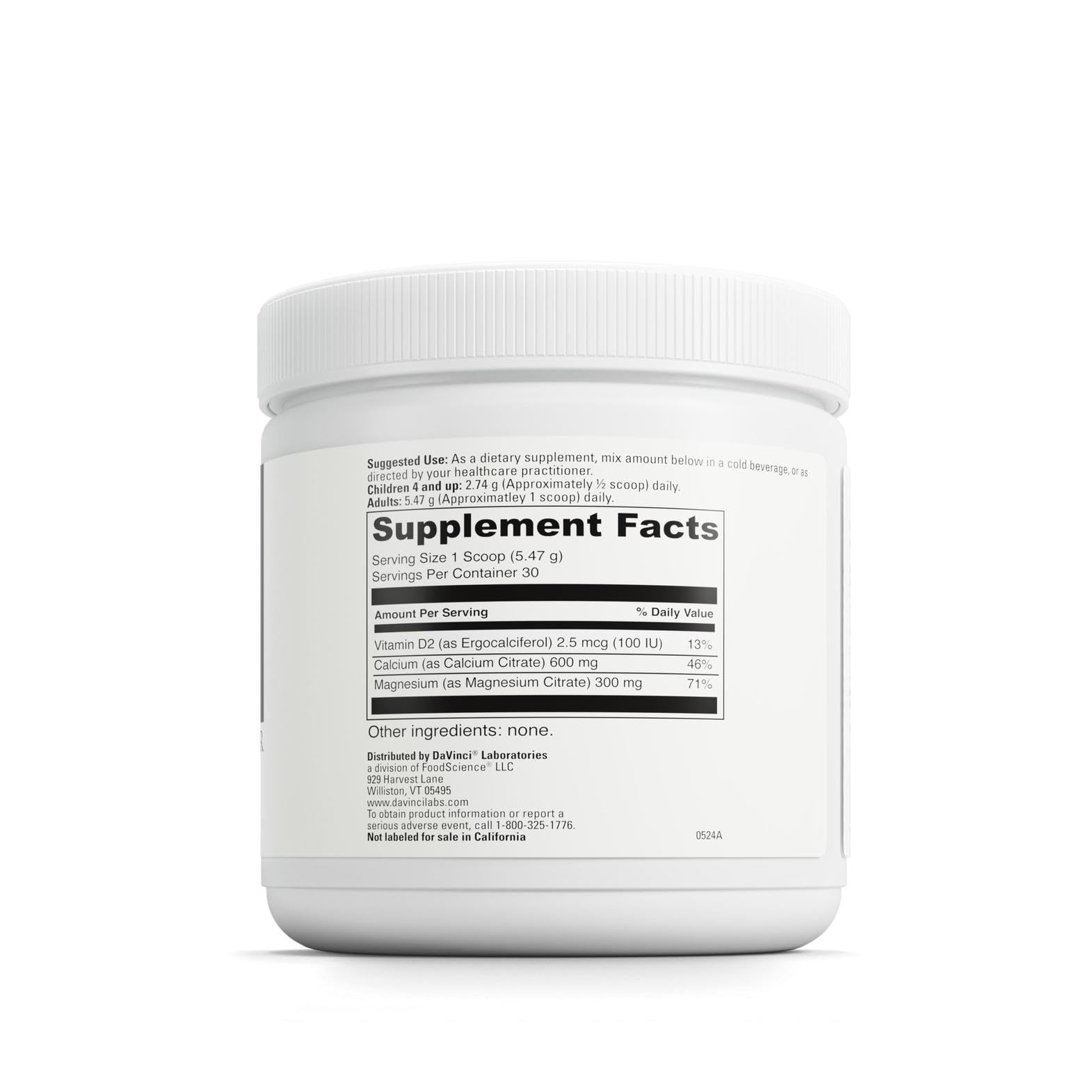 Bottled DAVINCI Labs Cal-Mag Citrate Powder with label