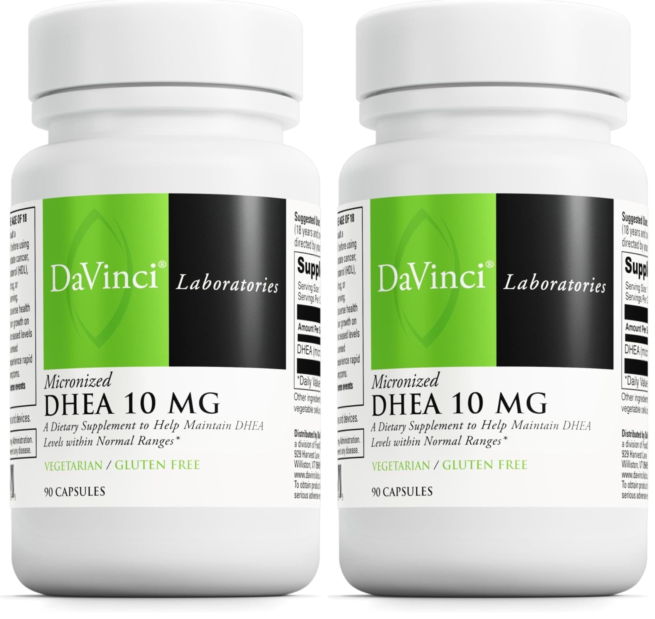 Hero image showing DAVINCI Labs Micronized DHEA 10mg two-pack with 90 capsules per pack
