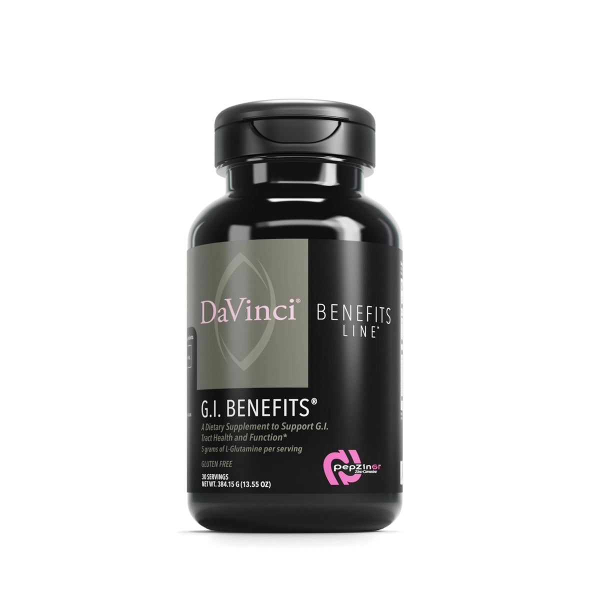 DAVINCI Labs GI Benefits powder bottle with scoop for digestive health