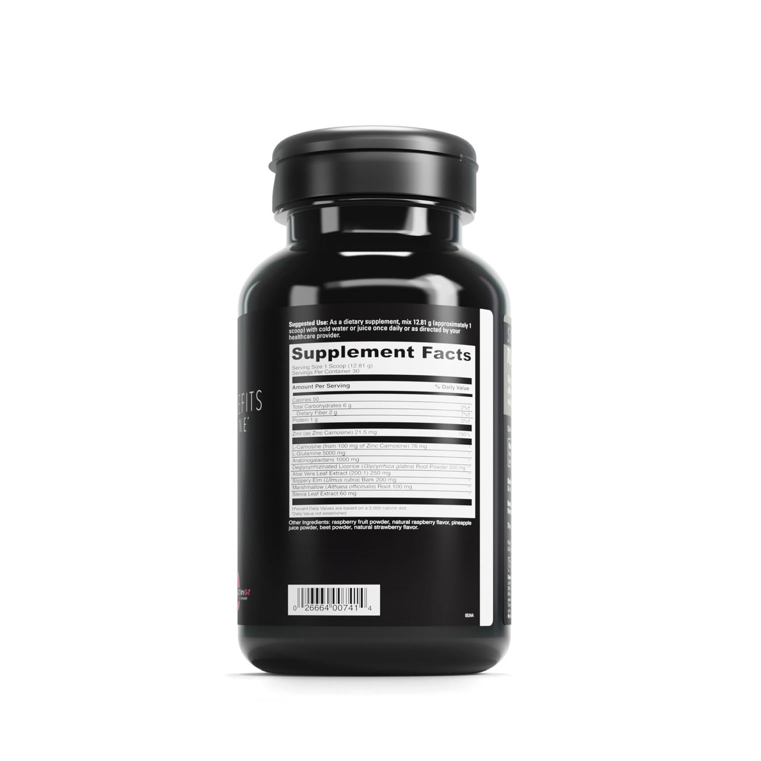 Close-up of zinc and L-Glutamine ingredients on the GI Benefits label