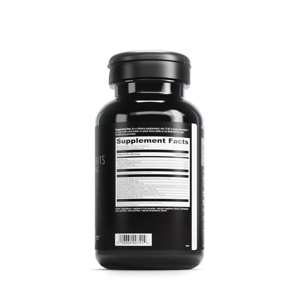 Close-up of zinc and L-Glutamine ingredients on the GI Benefits label