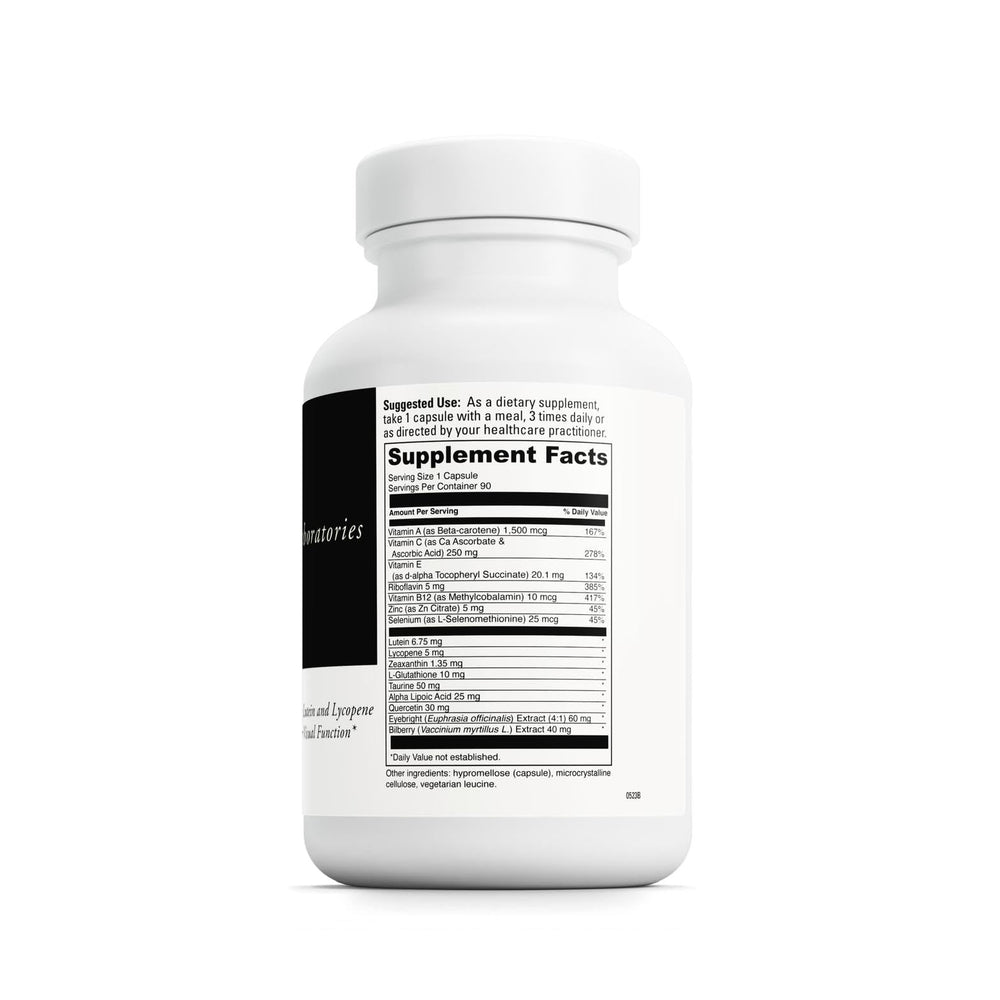 Close-up of Healthy Eyes label highlighting lutein, lycopene, and zeaxanthin