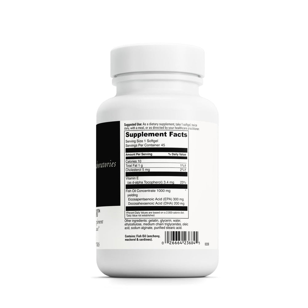 Close-up view of DAVINCI Labs Omega-3 1000 bottle