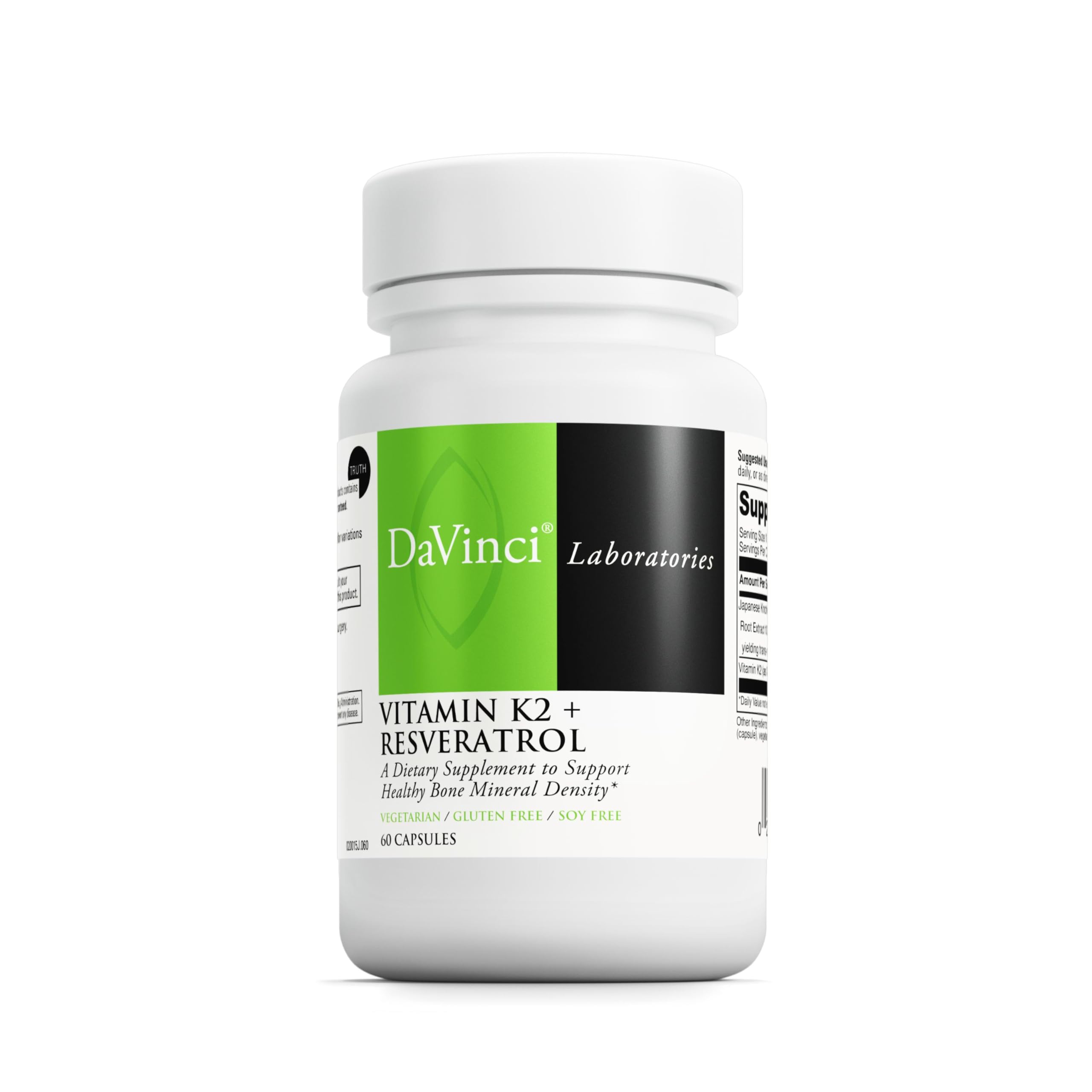 Bottle of DaVinci Labs Vitamin K2 & Resveratrol capsules