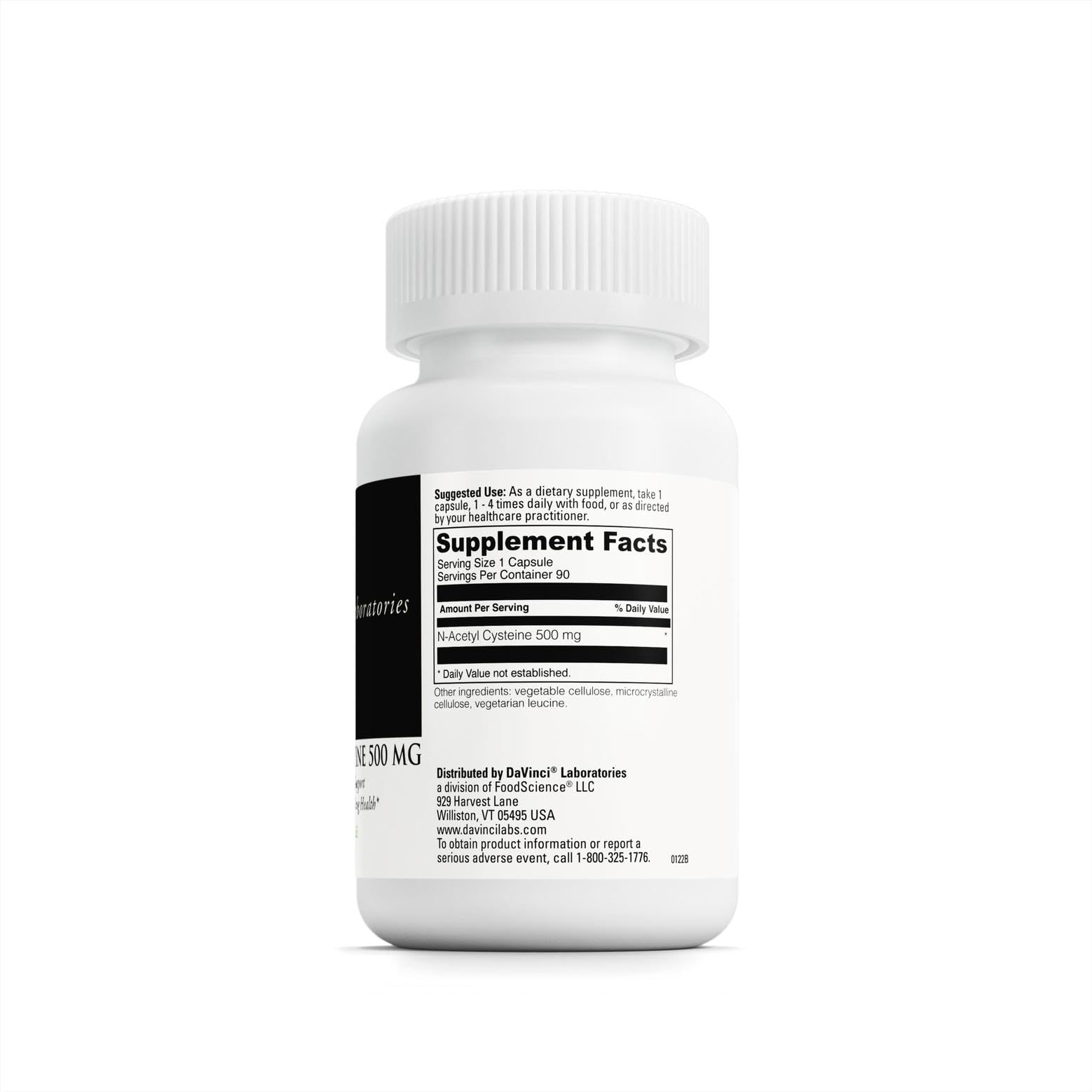 Back label showing supplement facts for NAC 500 mg