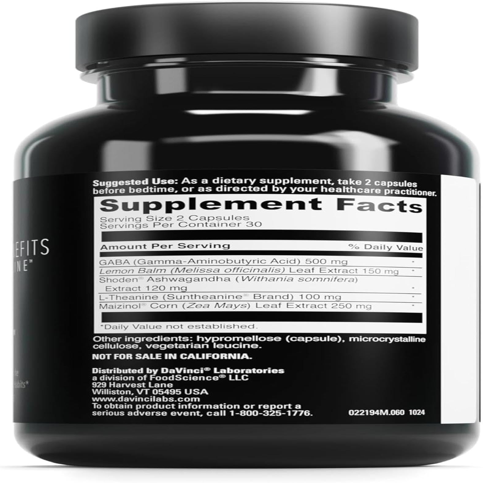 Close-up of Maizinol, Shoden ashwagandha, Suntheanine L-theanine and GABA ingredients