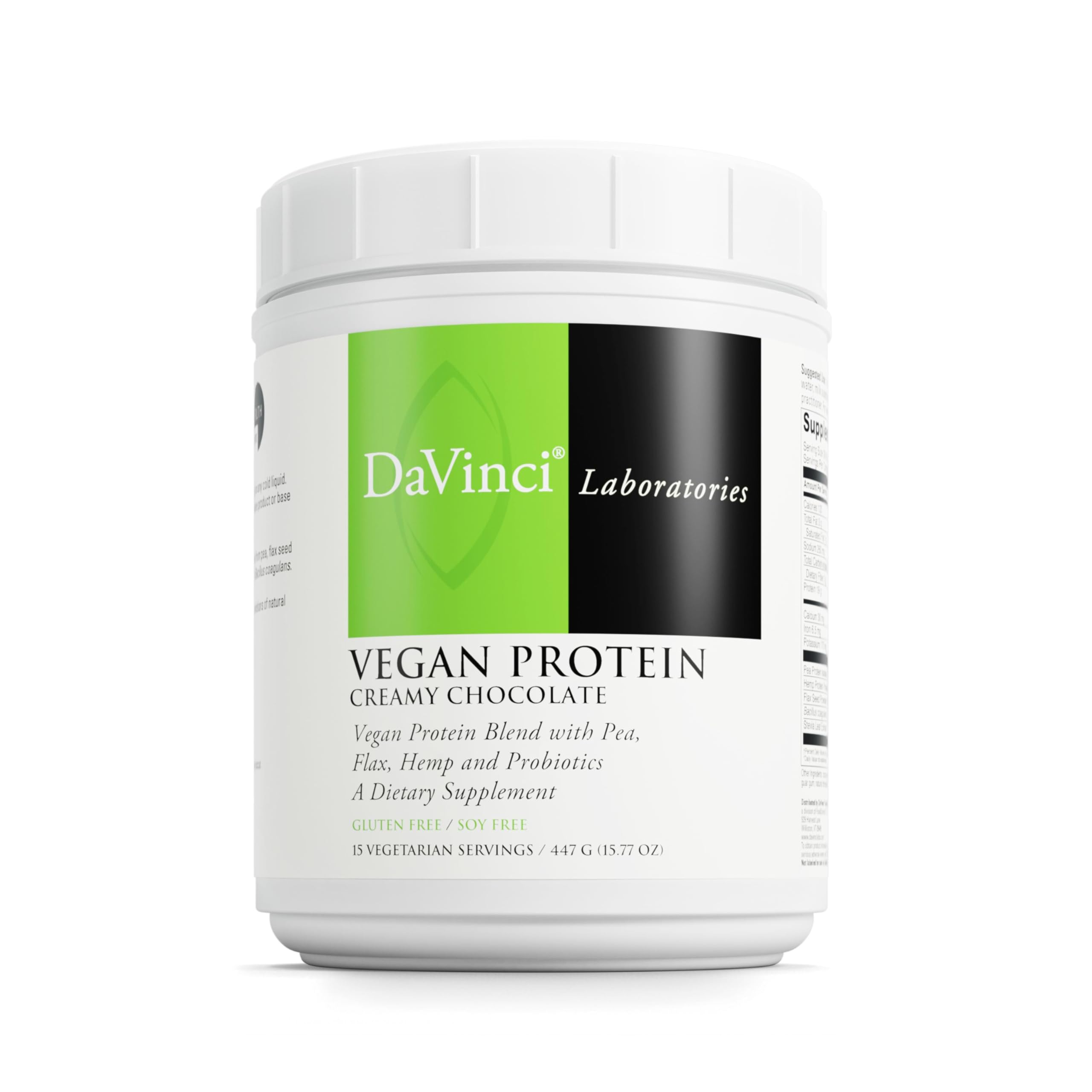 DaVinci Vegan Protein jar front showcases creamy chocolate flavor for post-workout recovery.