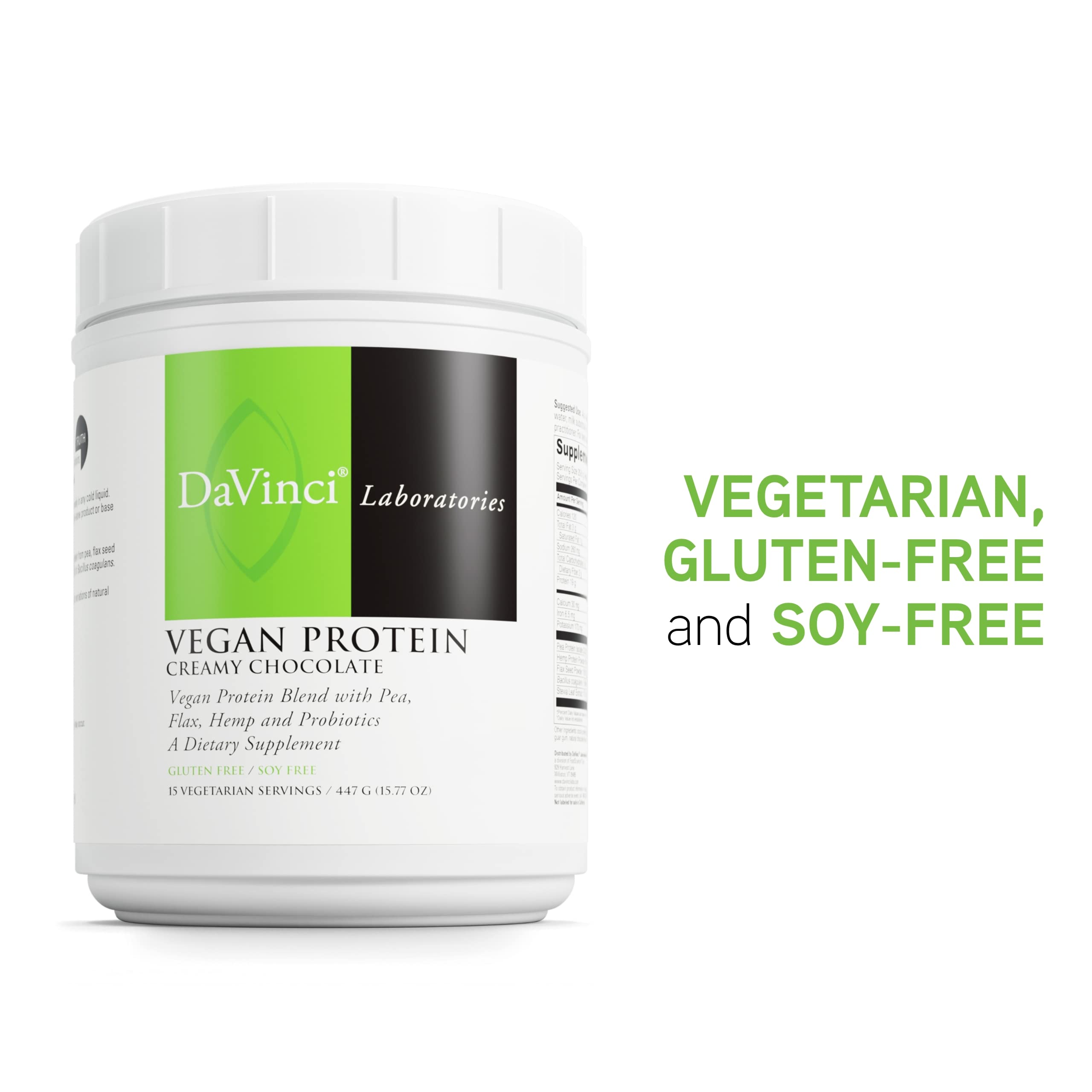 DaVinci Vegan Protein nutrition label featuring protein blend and fiber content.