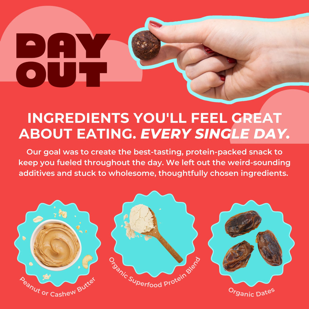 Day Out Protein Snack Balls nutrition graphic underscores 9g protein per serving