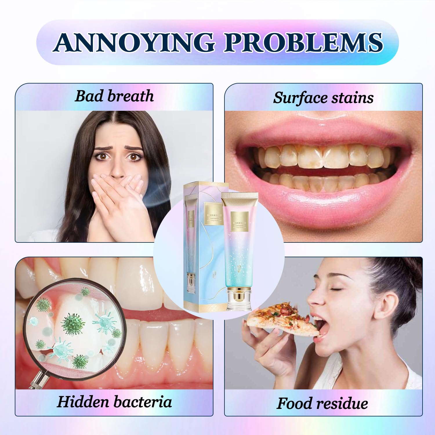 Smiling person holding Dazzle White toothpaste