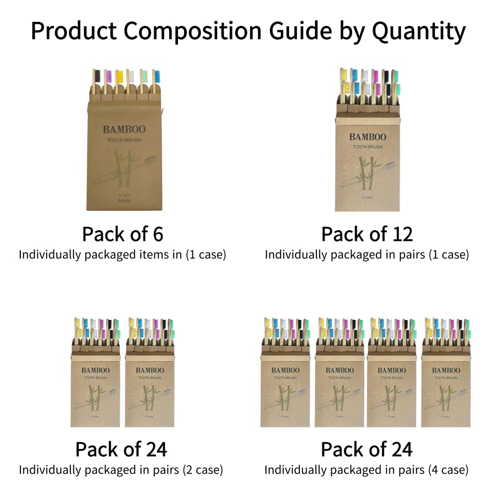 Six colorful bamboo toothbrushes in a variety pack