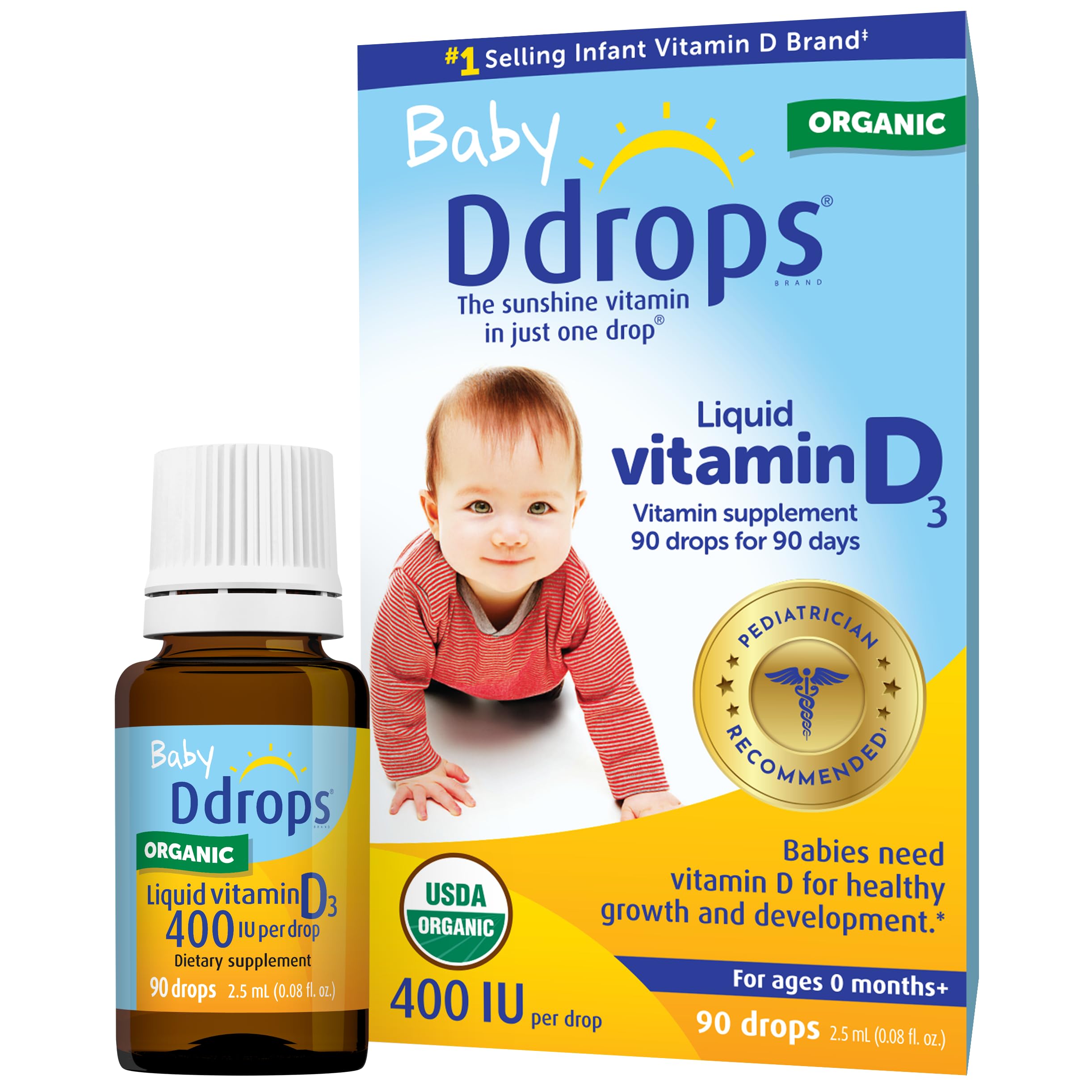 Front view of Ddrops Baby Vitamin D 400 IU bottle with dropper