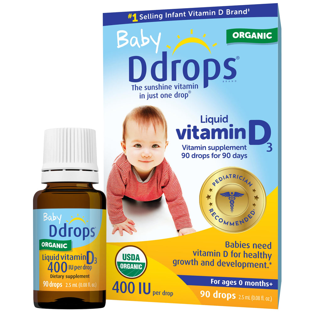 Front view of Ddrops Baby Vitamin D 400 IU bottle with dropper