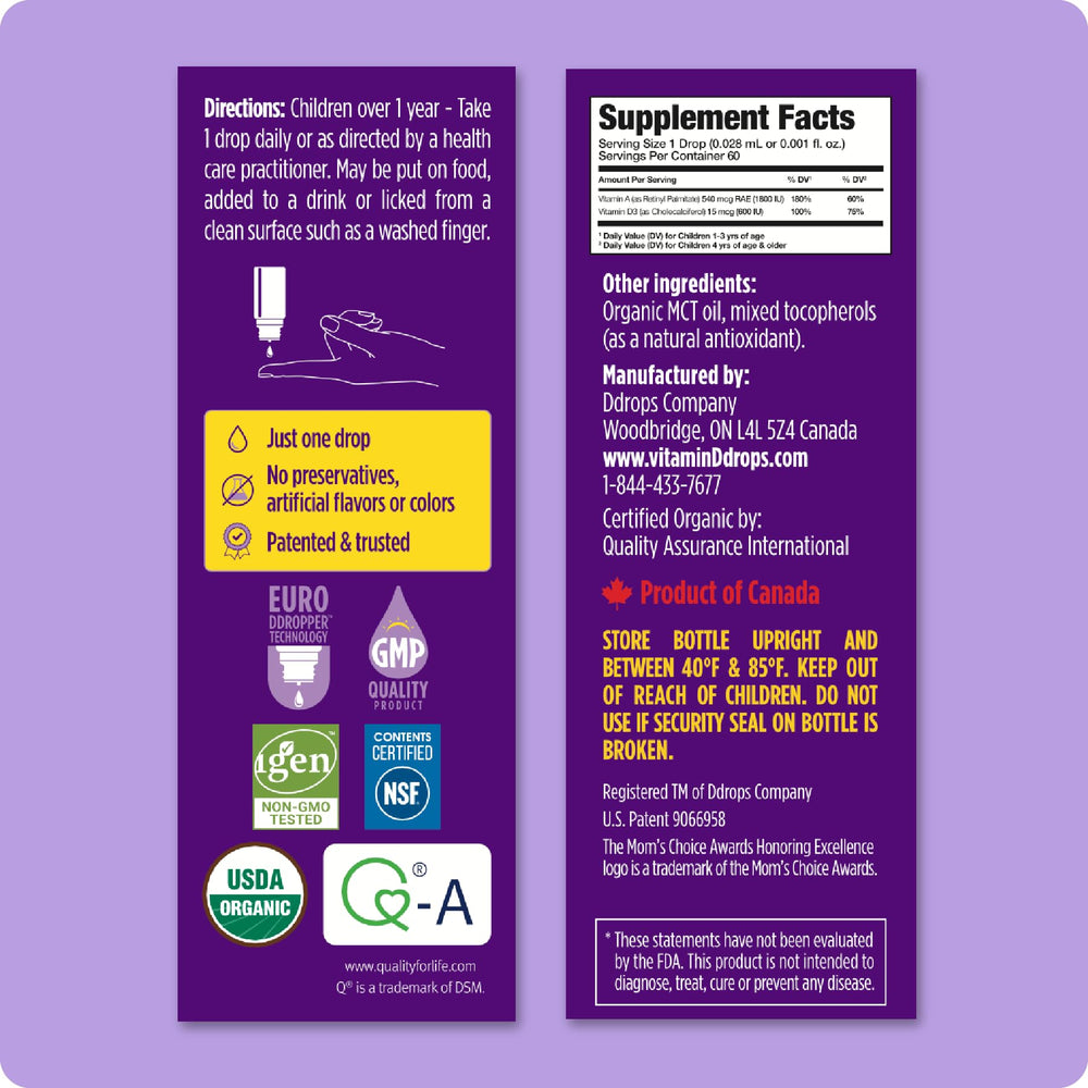 Front label view of Ddrops Kids Organic Liquid Vitamins