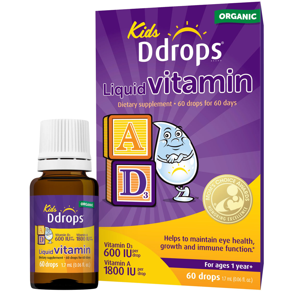 Hero image of Ddrops Kids Organic Liquid Vitamins bottle with dropper