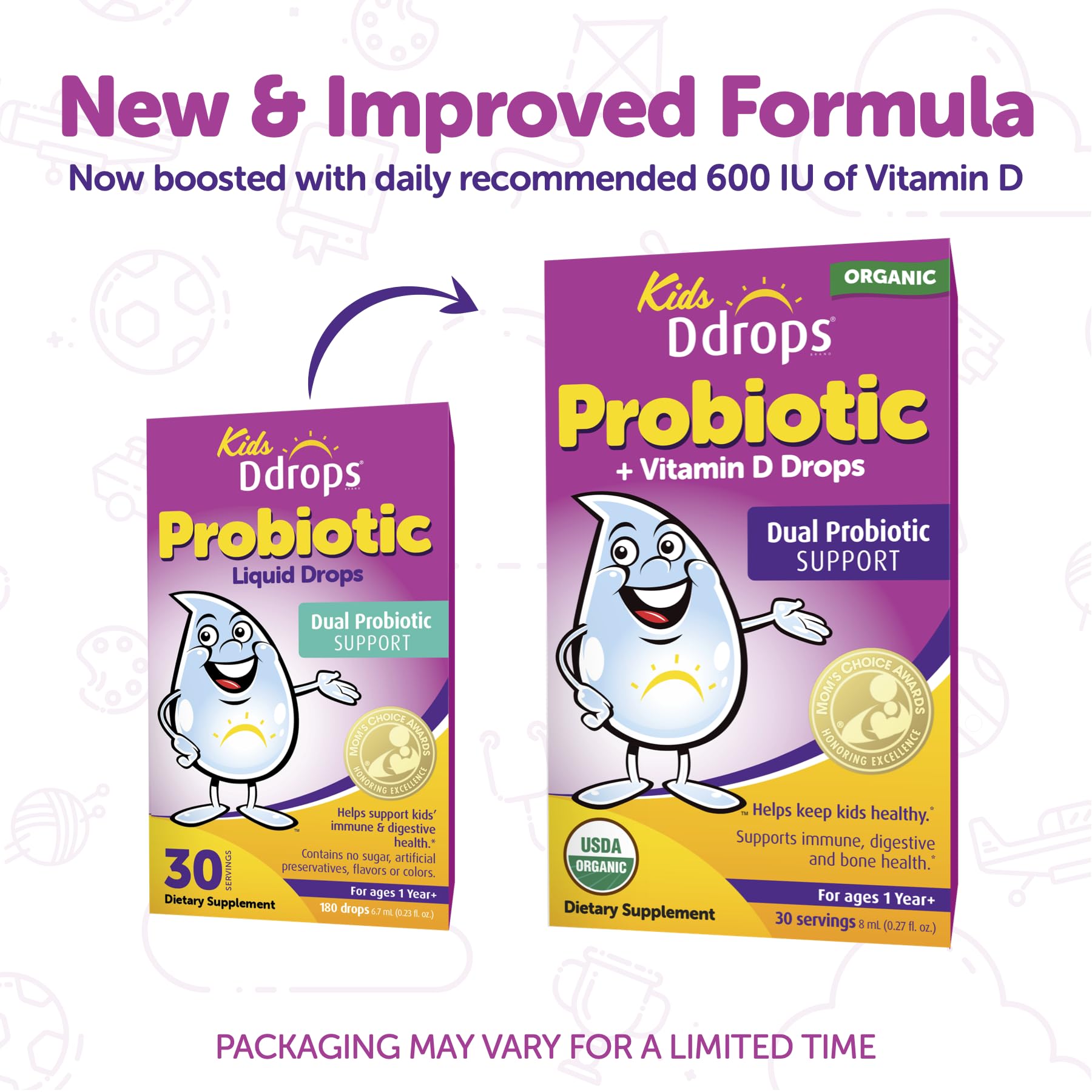 Close-up of Ddrops Kids' Probiotic Drops bottle