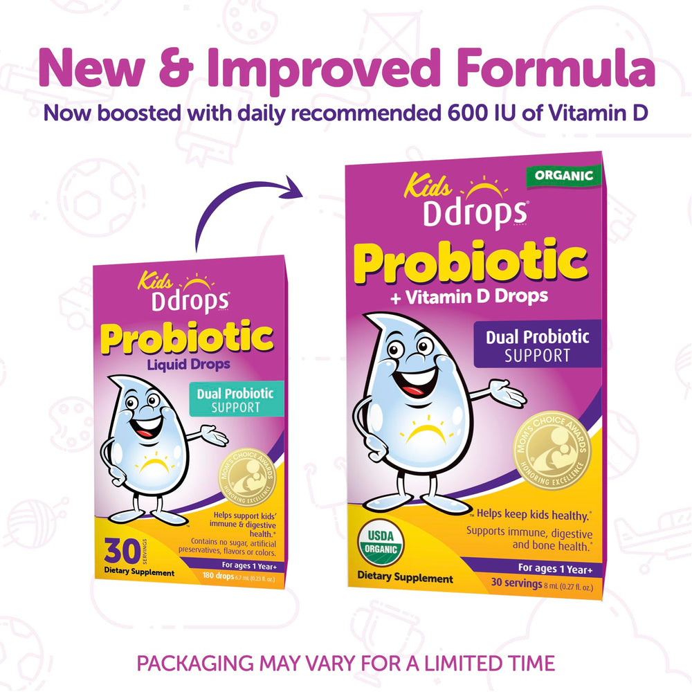 Close-up of Ddrops Kids' Probiotic Drops bottle
