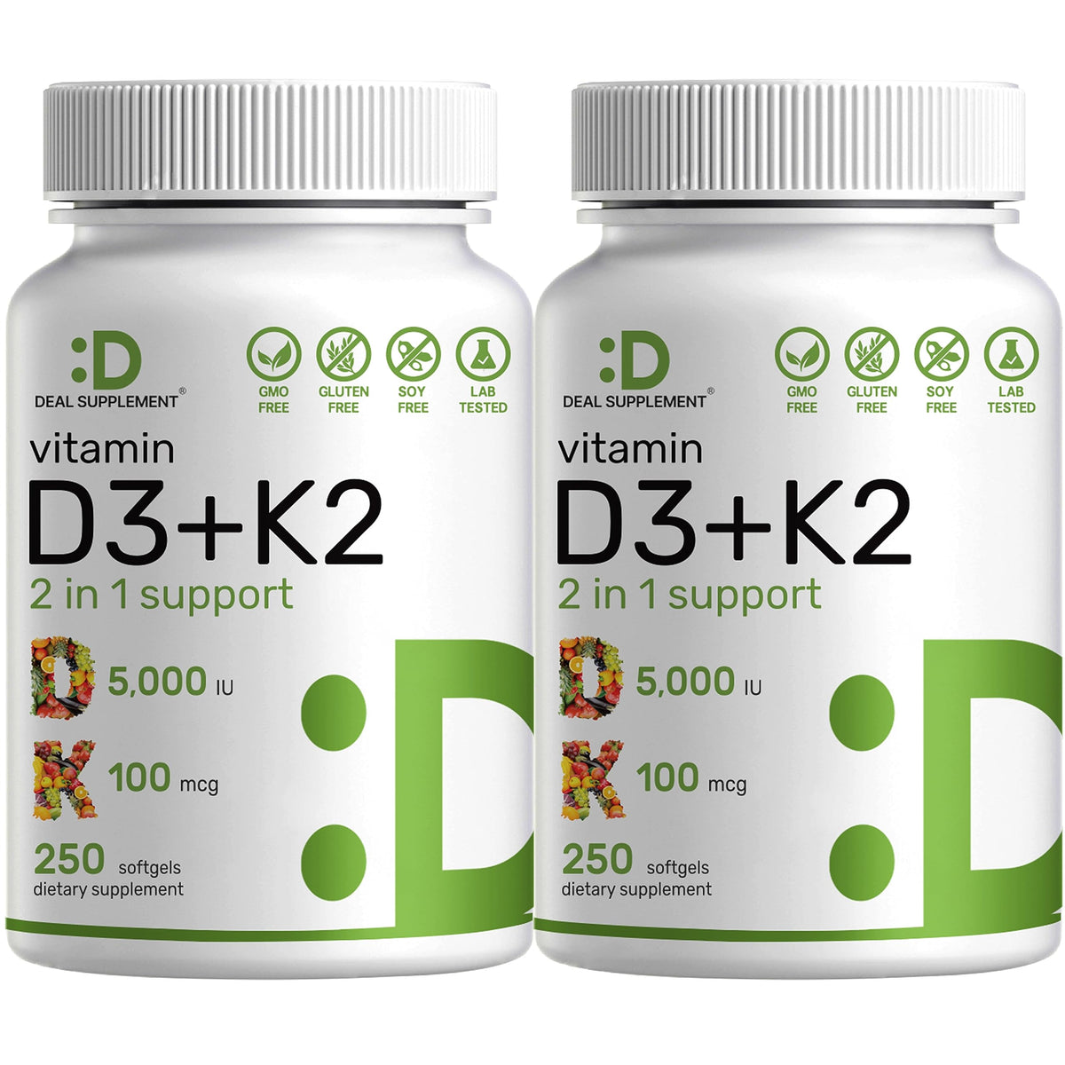 Deal Supplement 2-Pack Vitamin D3 5000 IU + K2 MK7 softgels bottle