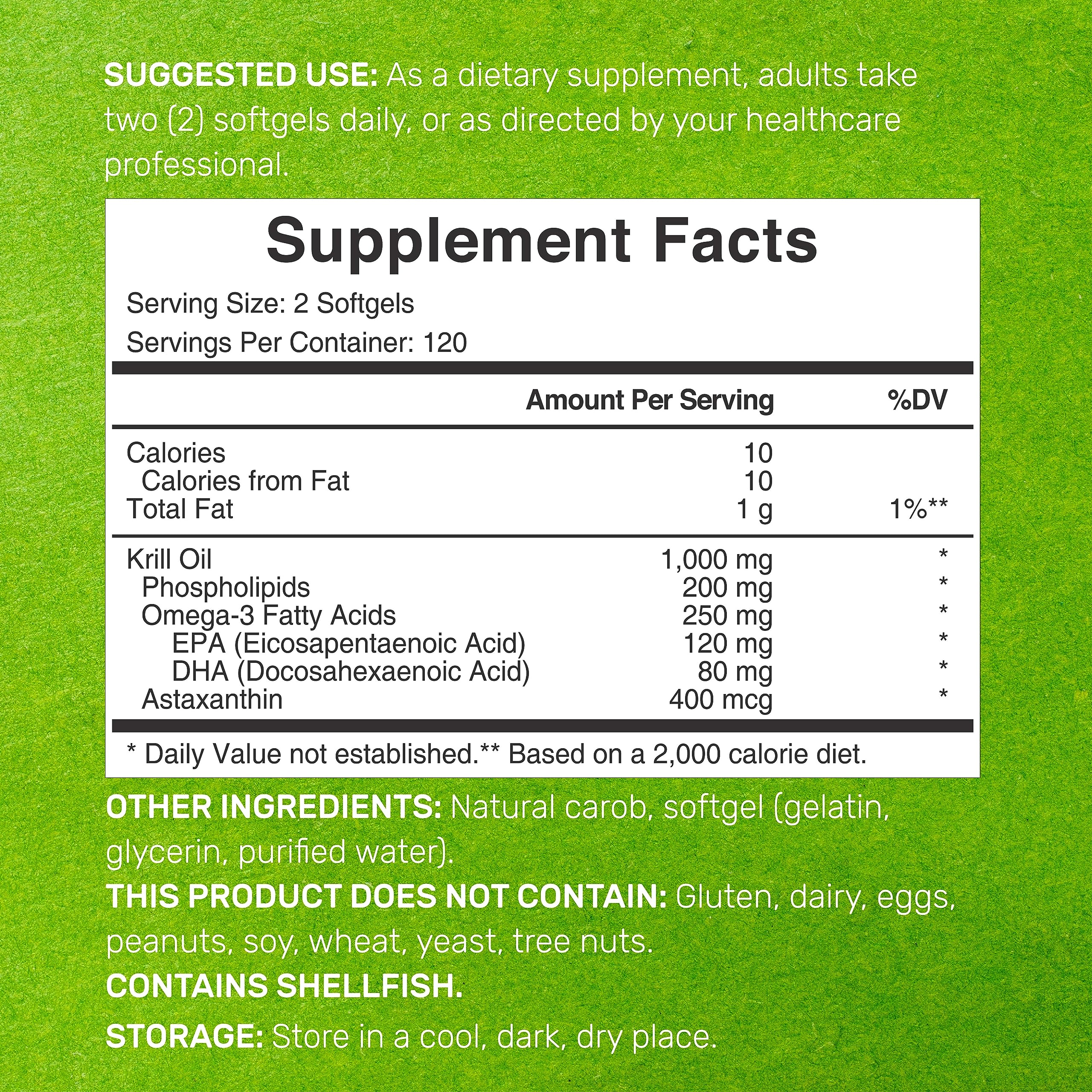 Label showing 1,000mg per serving on Antarctic Krill Oil