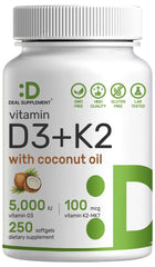 Deal Supplement Vitamin D3 5000 IU + K2 MK7 Softgels bottle on white background