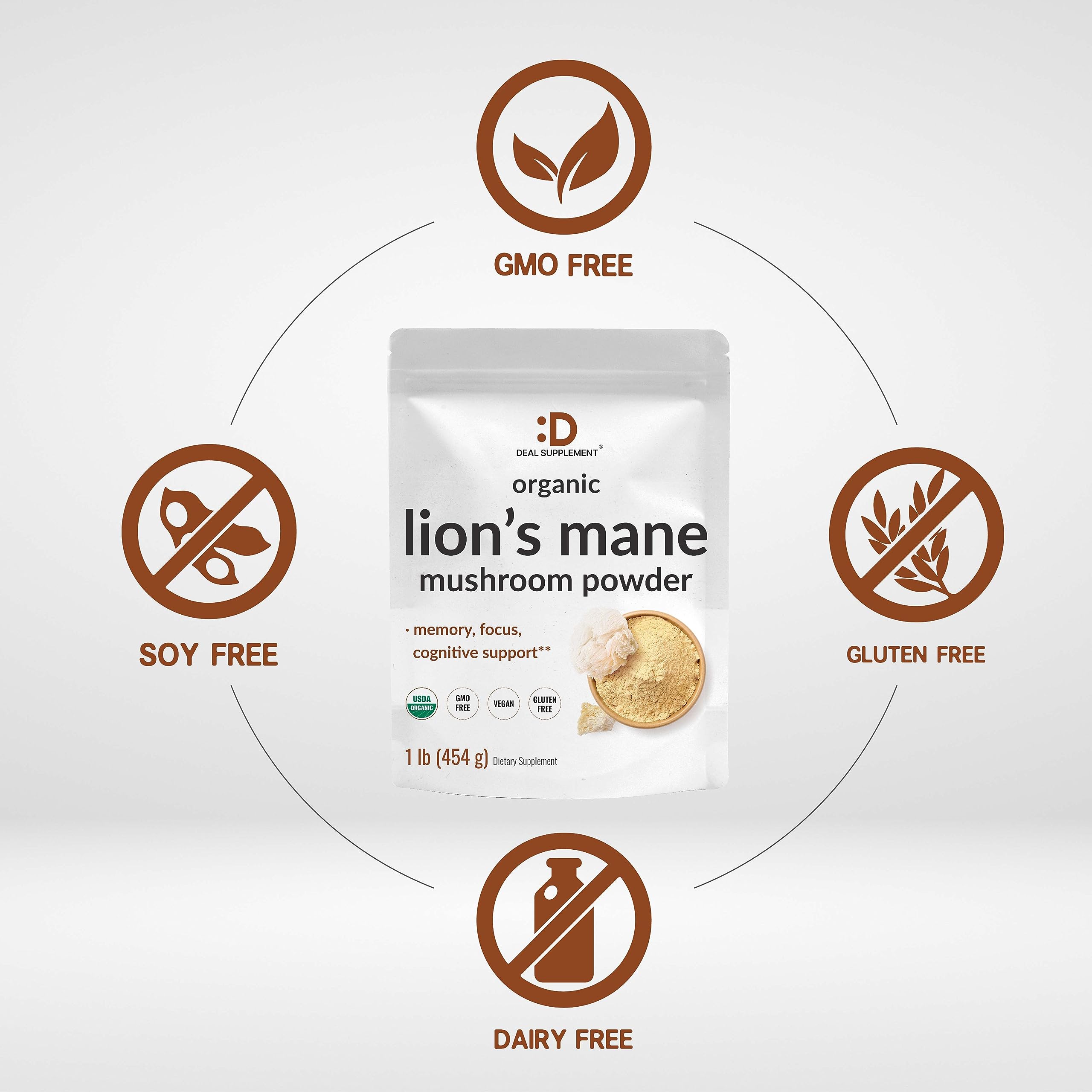 Ingredients panel showing organic lion's mane mushroom