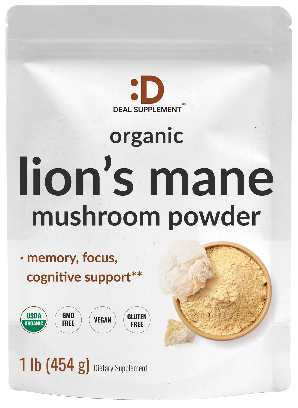 Front view of Lions Mane Powder 1500mg per serving in 1lb package