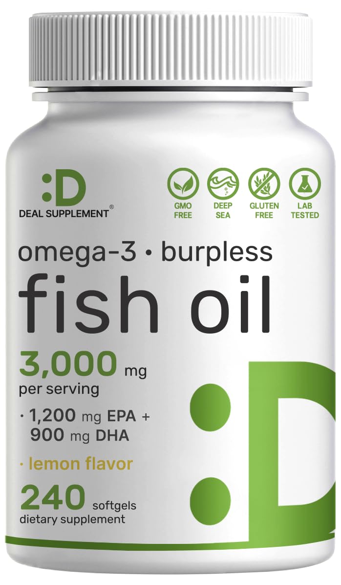 Front view of DEAL SUPPLEMENT Omega-3 Fish Oil bottle with lemon flavor