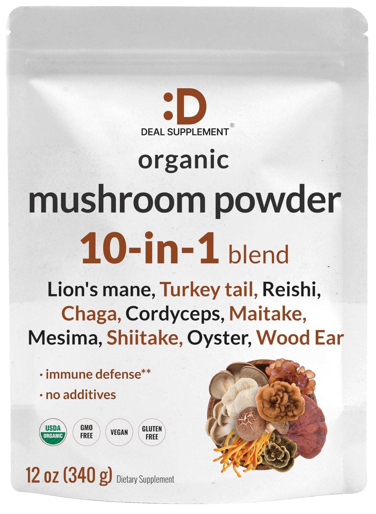 Front view of Deal Supplement Organic Mushroom Powder 12oz packaging