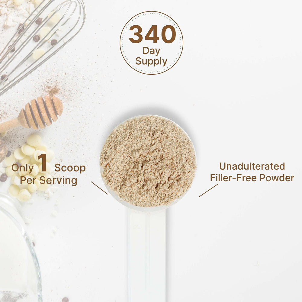 Powder shown blending into smoothies, coffee, or tea