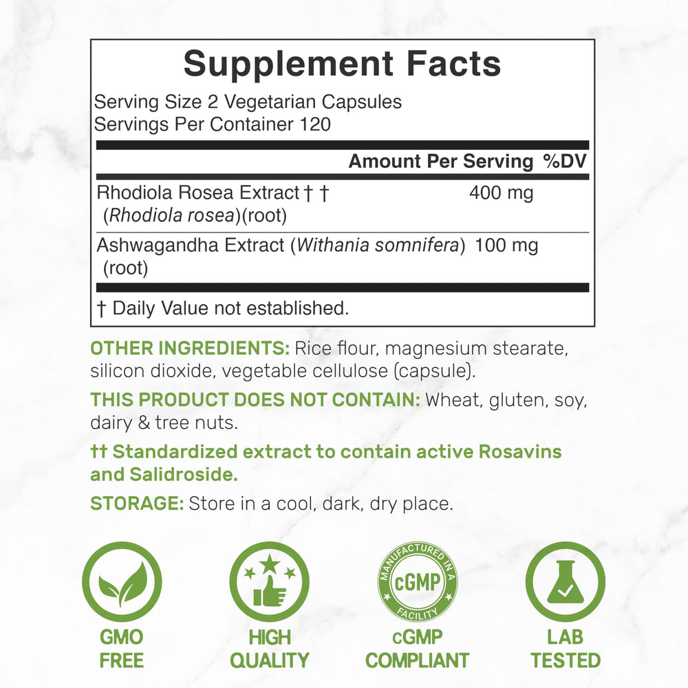 Close-up of Rhodiola Rosea root and Ashwagandha botanicals