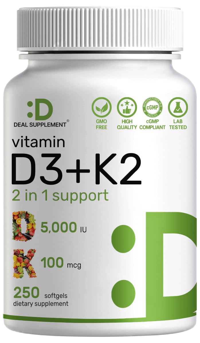 Bottle of DEAL SUPPLEMENT Vitamin D3 5000 IU + K2 MK7 Softgels, 250-count