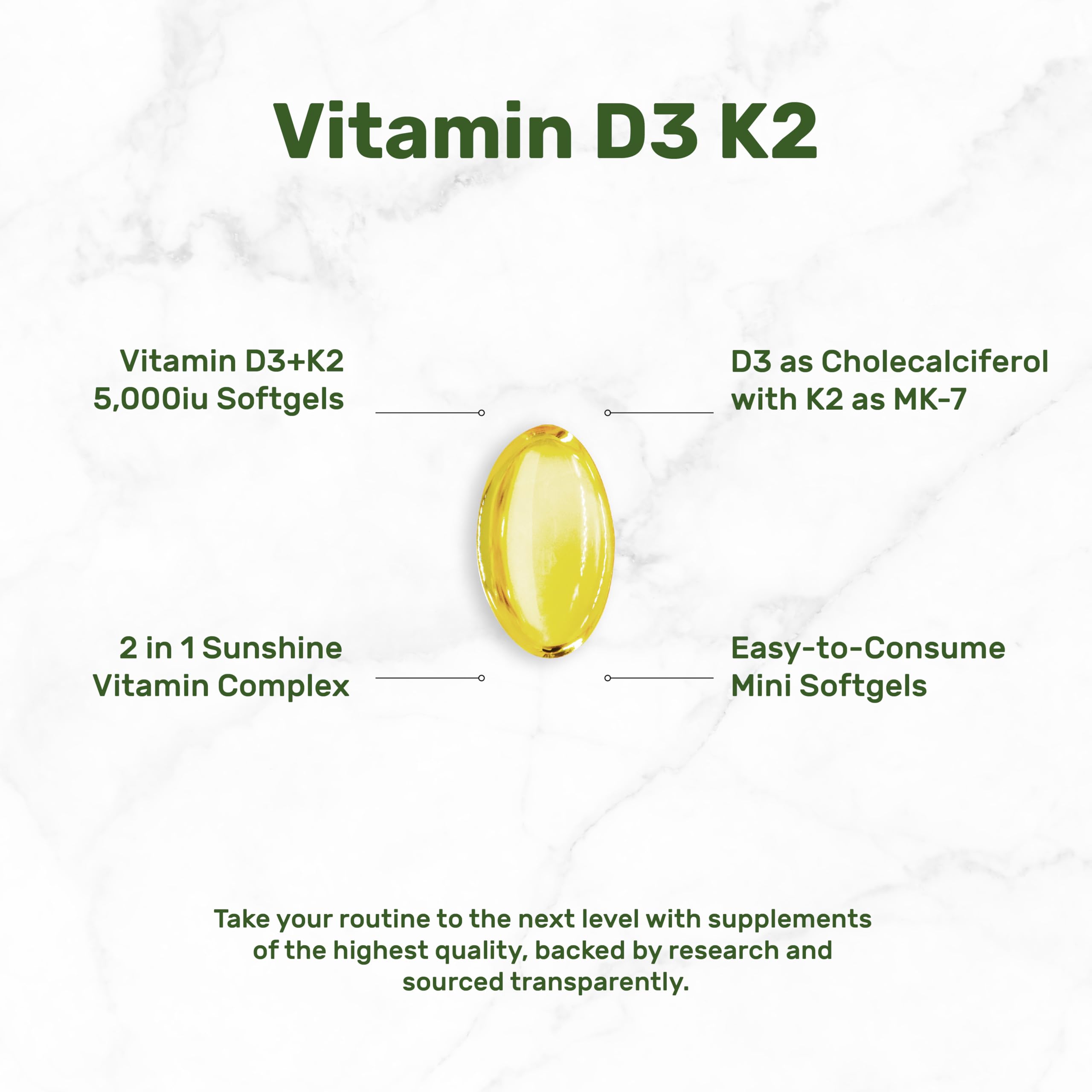 Graphic showing 2-in-1 vitamin D3 and K2 complex supporting calcium absorption