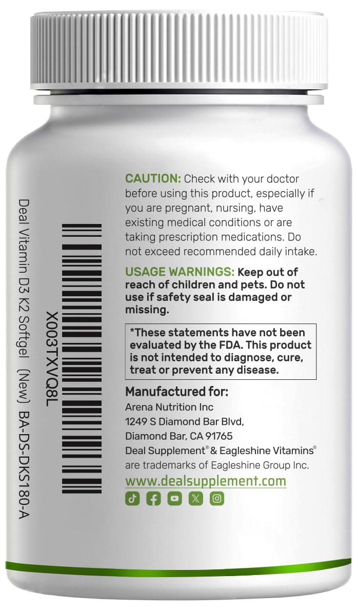 Gummy-free, gluten-free, dairy-free vitamin D3 plus K2 softgels in bottle