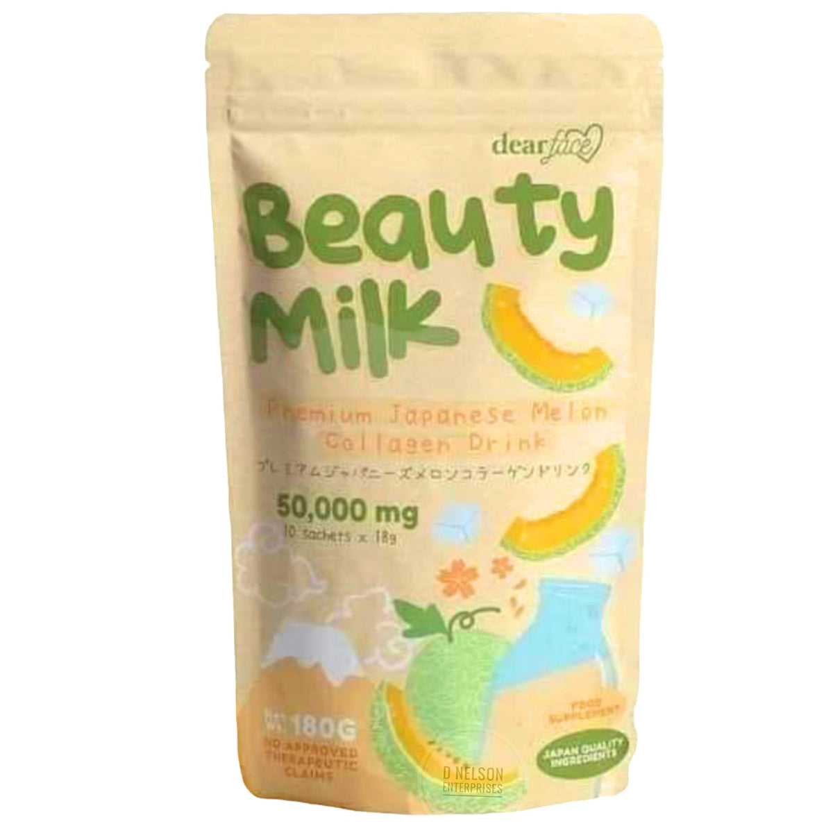 Front view of Dear Face Beauty Milk Collagen MELON Drink bottle, 6.3 oz