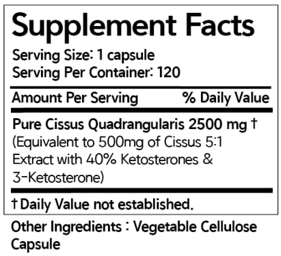 Close-up of Dear Nature Cissus Extract Premium 2500mg 120-caps label