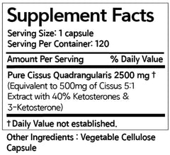 Close-up of Dear Nature Cissus Extract Premium 2500mg 120-caps label