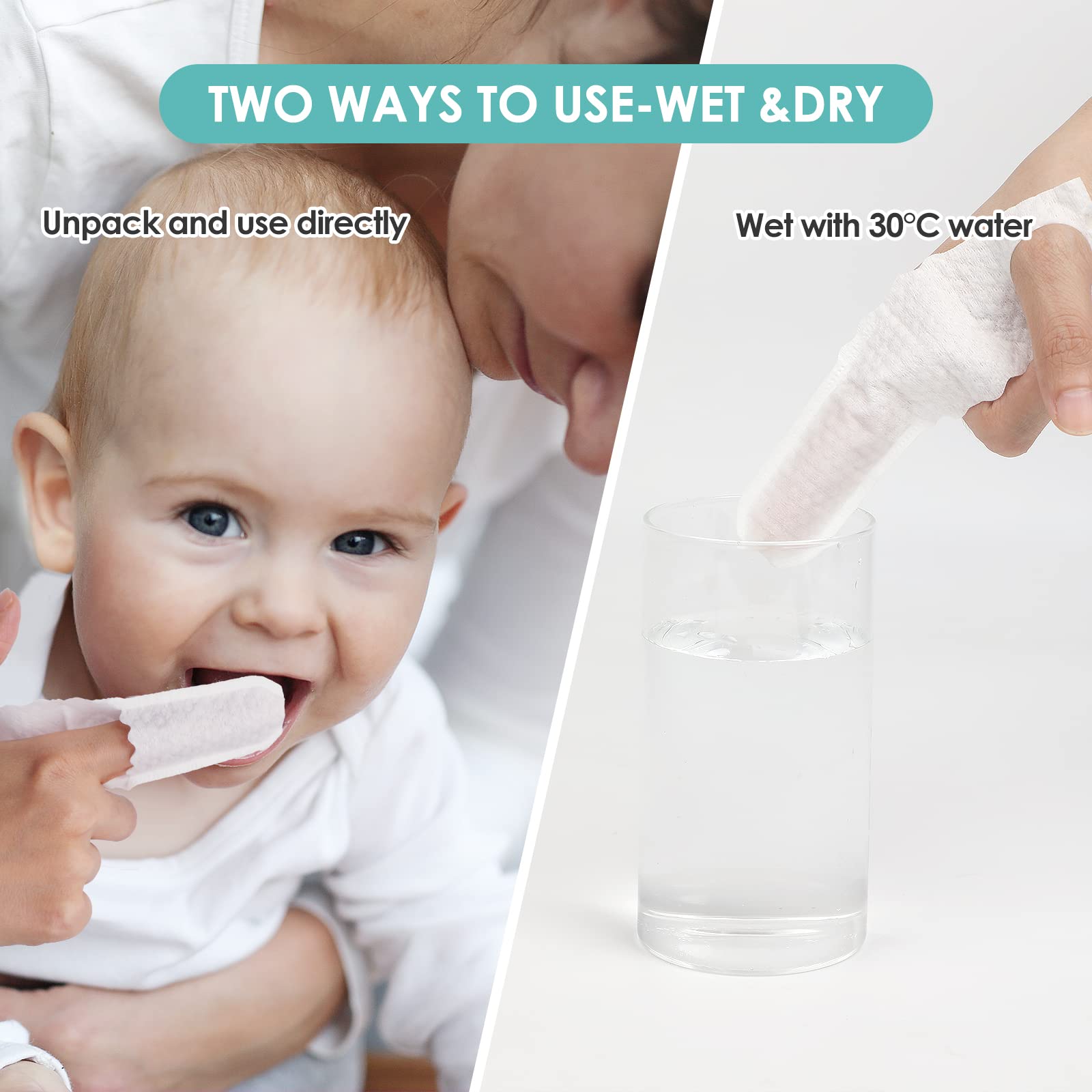 Baby oral care close up showing tongue cleaner and wipes